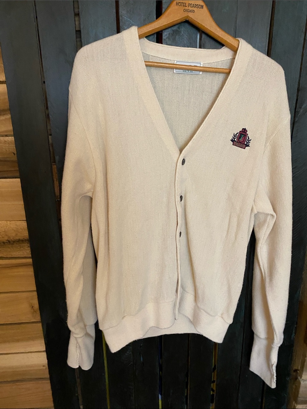 Vintage Izod Cream V-Neck Button Cardigan with Crest Patch made USA size large